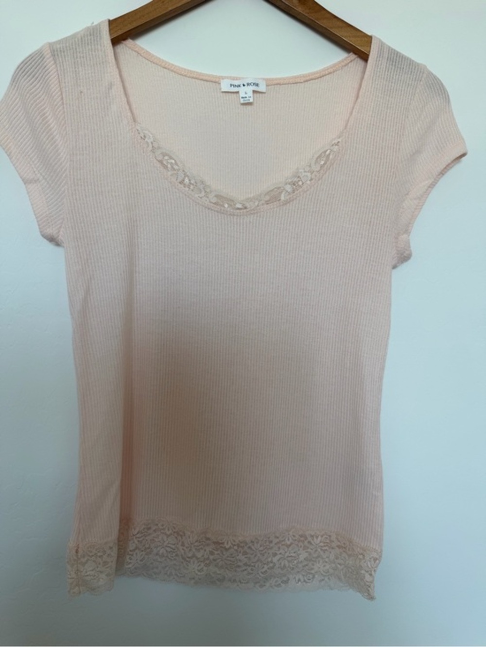 Pink Rose Blush Lace-Trim Short Sleeve Ribbed Top